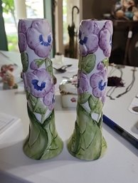 Pair Of Hand-painted Porcelain Candlesticks With Purple Pansy Floral Decoration