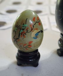 Miniature Hand-painted Jade Egg With Asian Floral And Bird Motif On Wooden Stand