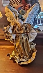 Vintage Paper Mache Angel Tree Topper With Gilded Gold Robes And Feathered Wings