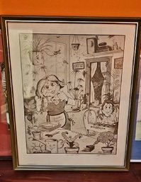Framed Vintage Cartoon Illustration Featuring Anthropomorphic Characters In A Domestic Interior Scene