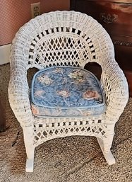 Child's White Wicker Rocking Chair With Floral Cushion, Circa Late 20th Century