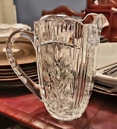 Pressed Glass Pitcher With Floral And Thumbprint Pattern