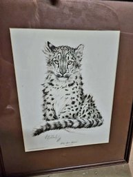 Pair Of Signed Graphite Print Titled 'Baby Snow Leopards' By Guy Coheleach