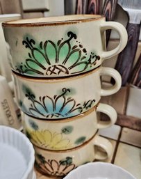 Set Of Four Vintage Stoneware Soup Mugs With Hand-painted Floral Designs