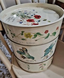 Vintage Botanical-themed Stackable Metal Canisters With Saucer Stand