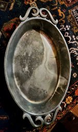 Pewter Oval Serving Dish With Decorative Scrollwork Handles By Pewtarex