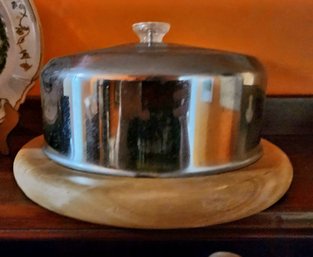 Mid-century Modern Cake Stand With Stainless Steel Dome Cover And Wooden Rotating Base