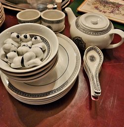 Porcelain Dinnerware And Tea Set With Greek Key Pattern Border
