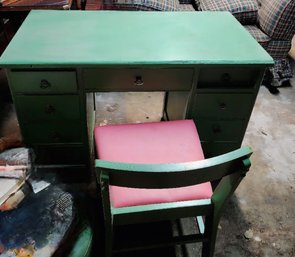 Painted Wood Desk With Five Drawers And Decorative Hardware