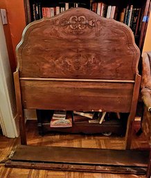 Walnut Veneer Twin Bed Frame With Carved Floral Headboard In French Provincial Style