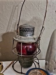 Vintage Railroad Lantern With Red Glass Globe, Likely Adlake Or Similar Manufacturer