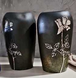 Pair Of Bronze Vases With Silver Inlay Floral Decoration