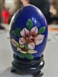 Cloisonn Enamel Decorative Egg With Floral Design On Wooden Stand