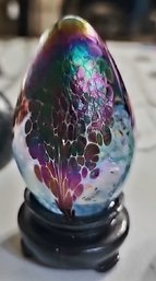 Iridescent Art Glass Egg-shaped Paperweight With Controlled Bubble Design, Signed 'GES 93'