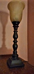 Decorative Table Lamp With Turned Wood Base And Amber Glass Shade