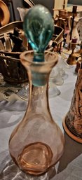 Vintage Hand-blown Glass Decanter With Applied Blue-green Glass Stopper