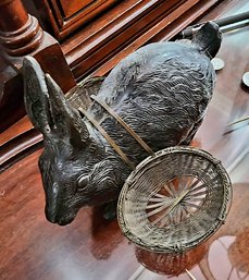 Cast Iron Sculpture Of A Rabbit With Woven Basket