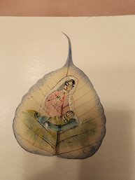 Hand-painted Artwork On A Natural Bodhi (Peepal) Leaf Depicting Madonna And Child Figure