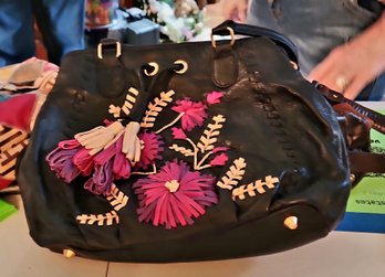 Fiore Black Leather Embroidered Tote