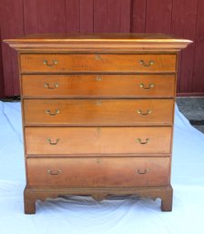 Curly Maple Chippendale Five Drawer Chest With Carved Pinwheel Drop In Center Of Base