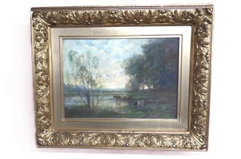 Oil On Canvas, Signed D. R.  Cows In Pasture