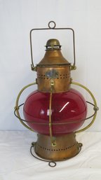 Brass And Copper Ships Lamp With Red Onion Shape Glass