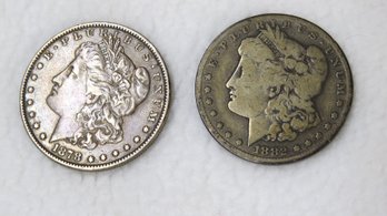 Two Morgan Silver Dollars, 1878 And 1882 CC