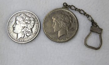 Morgan Silver Dollar 1902 And Silver Peace Dollar 1934-D Mounted In Fob