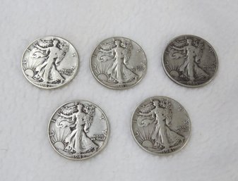 Lot Of 5 Standing Liberty Half Dollars, 1942, 1943, 1945-D, 1942, 1941
