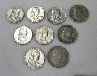 Lot 9 Ben Franklin Half Dollars, 1952, 1962, 1958-D, 1962, 1963, 1951, 1957-D, 1953-D, 1948