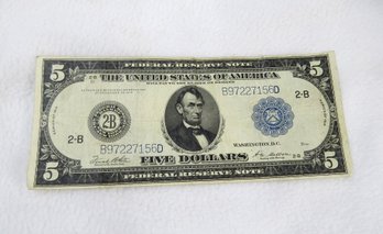 Series 1914 $5.00 Federal Reserve Large Size Note Featuring Blue Treasury Seal