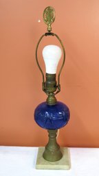 Fluid Lamp With Blue Glass Fount In American Shield Pattern