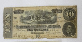Confederate States Of America $10.00 Bill Issued Feb 17 1864, Richmond Virginia