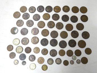 Lot Of 64 English Coins, Large Cents, Small Cents Etc.