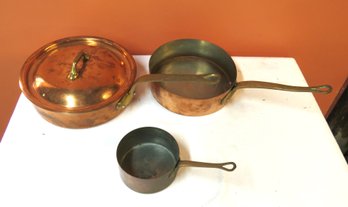 Lot Of 3 Copper And Brass French Pans, One With Lid