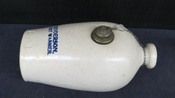 Dorchester Pottery Foot Warmer With Blue Decoration Reading  -Henderson Foot Warmer -