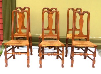 Set Of Six Custom Made Spanish Foot Side Chairs With Rush Seats