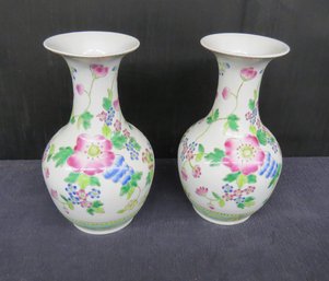 Pair Chinese Porcelain Vases - Floral Pattern On White Background