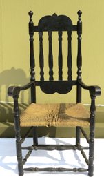 Early 18th Century Banister Back Arm Chair In Black Paint