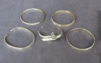Five Sterling Bracelets, One Figural Dolphin Motif, Total Weight 71.70 Dwt
