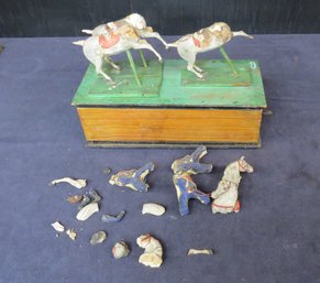 Early Wood And Plaster German Pull Toy With Three Plaster Horses With Riders