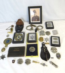 Lot Of Police Related, Photo, Badges, Handcuffs, Whistle, Pins Etc.