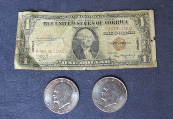 1935 A $1 Silver Certificate Hawaii Note Along With Two 1972 Eisenhower Silver Dollars