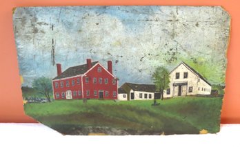 Primitive Oil On Board Farmhouse And Barn In Rough Condition