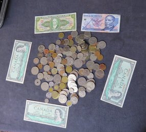 Large Lot Foreign Coins And Paper Currency