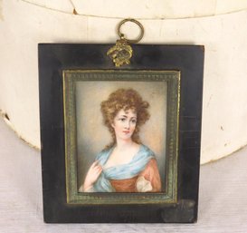 Miniature Framed Portrait Of A Gentlewoman In Red And Blue Dress