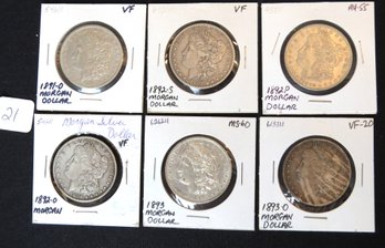 Lot 6 Morgan Silver Dollars - 1891-O, 1892-S, 1892-P, 1892-O, 1893, 1893-O