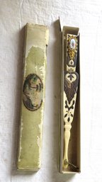 Victorian Fan In Original Box With Pierce Carved Bone With Hand Pained Rice Paper