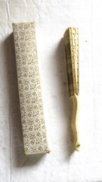 Victorian Fan In Original Box With Decorated Bone And Hand Painted Scene