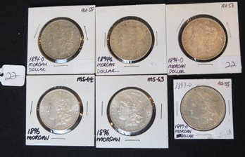 Lot 6 Morgan Silver Dollars - 1894-O, 1894-S, 1894-O, 1896, 1896, 1897-O